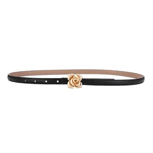 Women's black thin leather belt with a golden rose flower buckle, elegant waist accessory