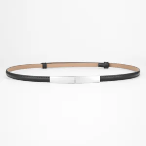 Womens thin leather belt with metal clasp for dresses and suits, elegant black waist strap.