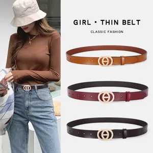 Ceinture Décontractée en Cuir de Vachette pour Femmes Mode Rétro Boucle Métallique à Double Anneau pour Jeans Robes