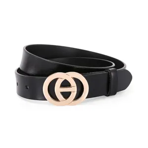 Ceinture en cuir noir pour femme avec boucle double cercle dorée pour jean pantalon