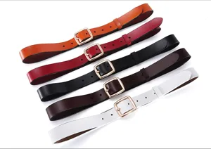 Women genuine leather belt detail view showcasing multiple colors with metal square buckle options.