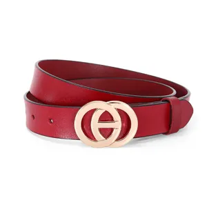 Ceinture en cuir rouge pour femme avec une élégante boucle dorée pour robes et jeans.