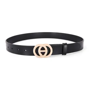 Ceinture en cuir noir pour femme avec boucle ronde double dorée vue principale élégante