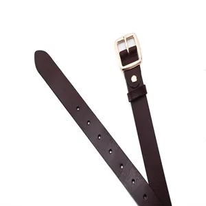 Detail view of brown leather women's belt featuring a polished gold square metal buckle and holes.