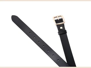 Classic black leather women's belt with gold square buckle for jeans and dresses chic style