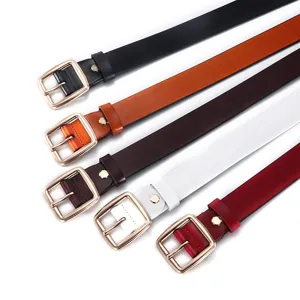 Women leather belt fashion minimalist casual trouser belt with gold square buckle stylish