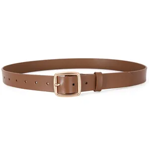 Brown leather belt for women with gold square buckle minimalist style for jeans casual wear.