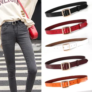 Women fashion slim leather belt with square buckle, versatile minimalist jeans strap for daily wear.