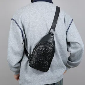 Men's fashion black sling bag faux leather crocodile pattern chest crossbody daypack
