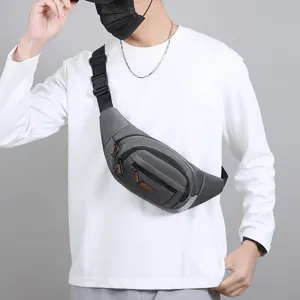 Stylish grey nylon men's waist bag, casual chest pack and crossbody bag for travel and sport.