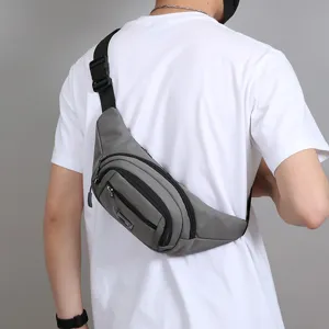 Men's outdoor sports waist bag, stylish grey casual multi-pocket crossbody shoulder bag for daily commute.