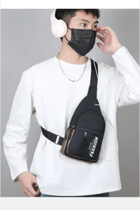 Men casual crossbody chest bag detail showcasing zipper pocket and durable adjustable strap.
