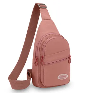 Pink nylon sling bag, casual outdoor crossbody chest bag with multi-layer zipper pockets.