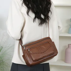 Stylish brown leather women crossbody shoulder bag casual versatile daily travel handbag