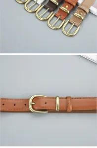 Women leather belt detail view, retro metal buckle design, versatile casual waist accessory.