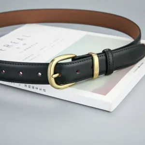 Black leather belt for women with vintage brass buckle casual waist strap for jeans