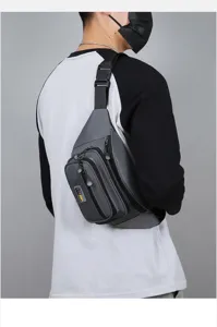 Mens grey chest bag casual waterproof canvas crossbody sling bag for outdoor sports travel