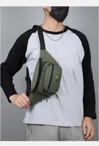 Men waterproof tactical fanny pack chest bag detail view, adjustable strap and multi pockets.