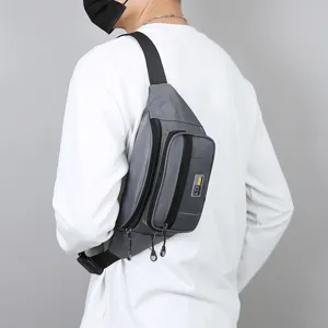 Men stylish waterproof chest bag grey crossbody waist bag for outdoor cycling travel.