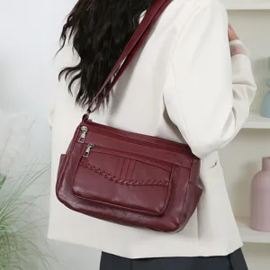 Women's multi-pocket casual shoulder bag wine red faux leather daily crossbody bag