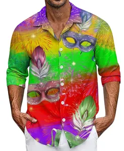 Men's carnival 3D print long sleeve shirt detail, colorful mask pattern lapel top casual.