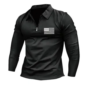 Maglia polo a maniche lunghe da uomo con collo a zip e stampa bandiera per uso sportivo e casual.