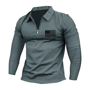Polo da uomo a manica lunga con zip top tattico casual con stampa sul petto grigio.