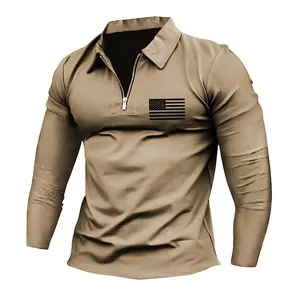 Polo uomo a manica lunga kaki, design mezza zip con stampa bandiera sul petto.