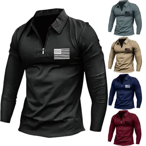 Polo da Uomo a Maniche Lunghe Top Casual con Cerniera e Colletto a Punta con Stampa Bandiera per Sport e Quotidiano