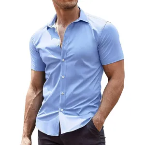 Close-up detail of mens short sleeve stretch blue casual shirt showcasing fabric texture.