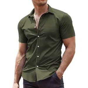 Olive green short sleeve muscle fit button-up shirt detail and collar display.