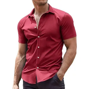 Men short sleeve slim fit red button down shirt detail view, breathable casual stretch top.