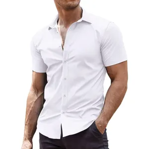 Men short sleeve slim fit solid color casual dress shirt for business and daily wear.