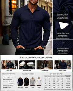 Chemise polo classique à manches longues et boutons pour hommes en tissu extensible.