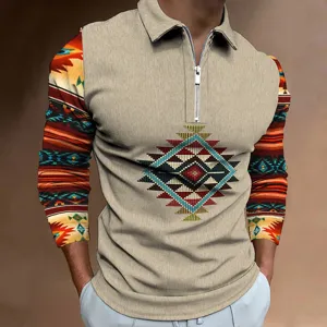 Mens long sleeve aztec geometric print zip polo shirt casual fashion streetwear top.