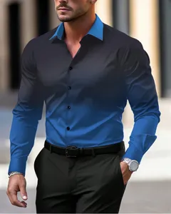 Detalle de camisa de hombre de manga larga con degradado y elegante cuello de solapa.