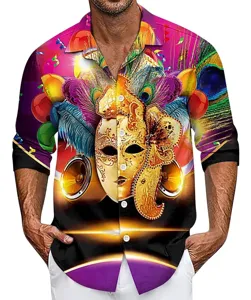 Men's 3D carnival masquerade print casual long sleeve button down shirt top new