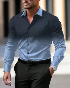 Primer plano de la camisa de hombre de manga larga con degrade elegante y cuello clasico.
