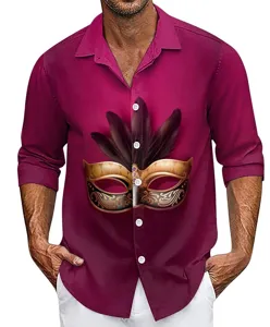 Men's casual long sleeve shirt featuring a 3D masquerade mask print, turn-down collar style.
