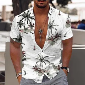 Close-up detail of the tropical palm tree print short sleeve casual shirt, resort style.