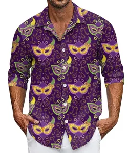 Men's long sleeve lapel 3D printed casual loose shirt featuring a festive carnival mask pattern.