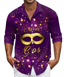 Men long sleeve button down shirt with 3d mardi gras print casual loose lapel top.