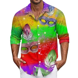 Men's Mardi Gras Carnival 3D Print Long Sleeve Shirt Lapel Casual Loose Button Down Polyester Top For Party Holiday