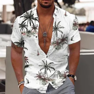 Men Casual Short Sleeve Shirt Digital Print Tropical Palm Tree Beach Vacation Button Down Polyester Lapel Collar Top