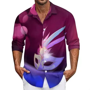 Men's purple gradient long sleeve casual shirt with 3D masquerade mask print for spring and autumn