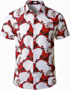 Detailansicht Herren Kurzarm Freizeithemd mit festlichem Weihnachtsmann Print Kragen.