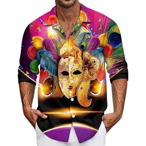 Men long sleeve lapel 3D printed casual loose shirt carnival party wear stylish top.