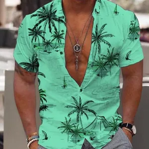 Mens short sleeve casual button down shirt with tropical palm tree print for summer beach.