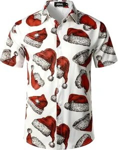 Herren Weihnachtsmütze Print Kurzarm Hemd Freizeit Shirt für Festliche Partys Neu