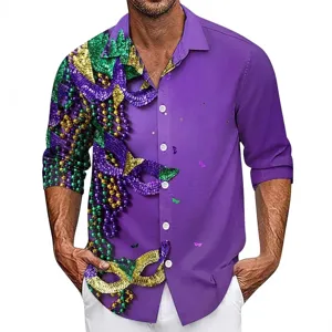 Men's Mardi Gras 3D Print Long Sleeve Shirt Casual Lapel Button Down Party Holiday Top
